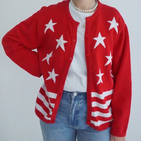 Vintage Crystal Kobe Red w White Stars Patriotic Flag Knit Button Up Cardigan Xl - Picture 1 of 11